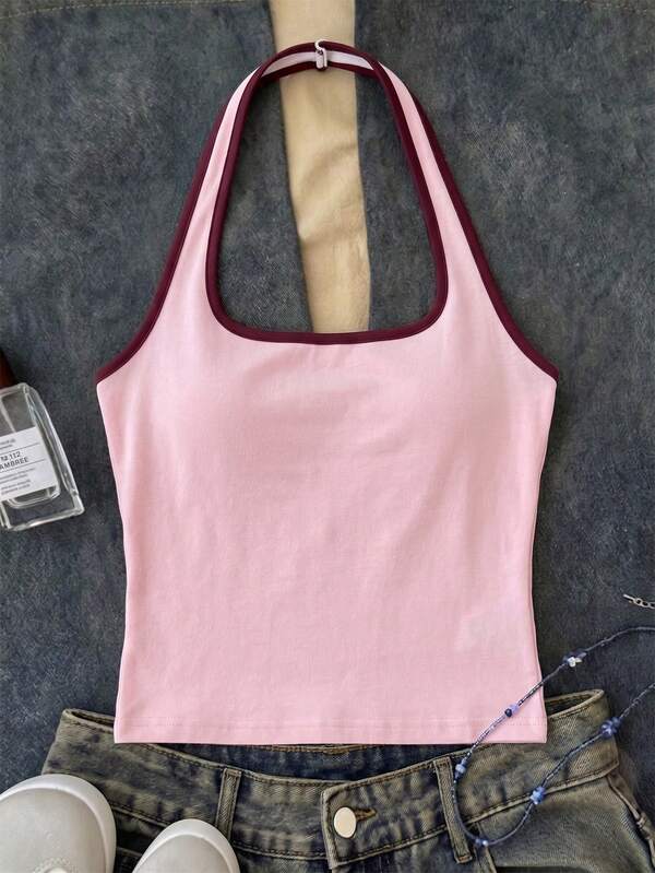 SHEIN Top casual largo blanco de cuello halter para niñas preadolescentes, tanque de verano ajustado