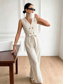 Franclia Bộ jumpsuit nữ cổ chữ V không tay, có túi, cài cúc đôi, xếp ly, ống rộng, thời trang mùa hè. - Màu be - Xem 3
