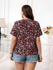 Reflora Plus Size Women Floral Print Round Neck Ruffle Sleeve Casual Shirt - Multicolor - View 2