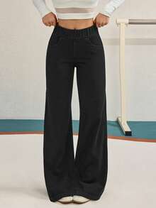 SHEIN Tall Women's Casual Everyday Commute Minimalist Versatile Solid Color Elastic Waist Loose Straight Leg Jeans - Black - View 2