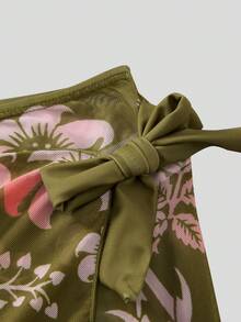 Swim Oasis 女士沙滩套装，优雅休闲波西米亚风蓝白热带椰树花卉复古印花连体泳衣及沙滩罩衫高端两件套 - 彩色 - 查看 16
