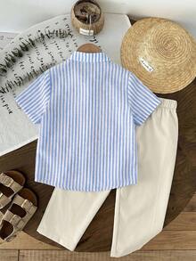 LMoss Kids Bộ 2 món áo sơ mi và quần sọc màu trơn dệt kim cho bé trai - Màu xanh lam - Xem 5