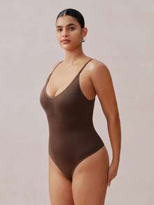 Veilyse 1pc Women Seamless Shapewear Bodysuit, Thong Bottom, Slimming Shaping Bodysuit, Tummy Control Bodysuit, Shapewear, Waist Trainerfor Summer - Brown - View 5