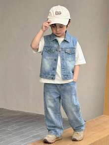 2 pièces Ensemble jeune garçon gilet sans manches en jean bleu vintage et pantalon ample - Jean clair - Voir 7