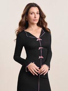 Hourtrue Women's Spring/Autumn Long Sleeve Dress, Sweet Bow Decor, Solid Color, Ribbed, Sexy Fitted V-Neck Flare Sleeve Maxi Dress, Comfortable For Indoor & Outdoor Wear - Black - View 6