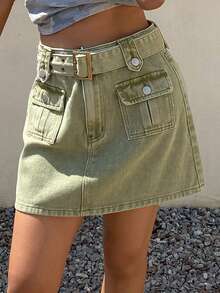 Livesso High Waist Khaki Solid Color Button A-Line Full Skirt Women's Denim Skirt - Green - View 5
