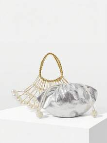 MOTF LADIES HANDBAG, PEARL HANDMADE DINNER BAG - Beige - View 5