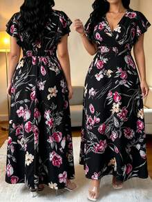SHEIN Elenzya Plus Size Women Floral Print Ruffle Sleeve Casual Vacation Dress - Black - View 6