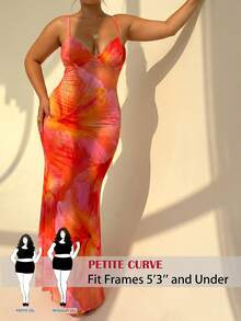SHEIN PETITE CURVE Vestido de mujer talla grande con tirantes finos y nudo delantero, con estampado sexy de hibisco naranja, adecuado para uso en verano, con vibra hawaiana, ideal para la playa, la piscina, fiestas en resorts y cruceros. Vestido de mujer con estampado floral pequeño, atuendo de vacaciones de verano, perfecto para Coachella y festivales de música de verano - Naranja - Ver 4