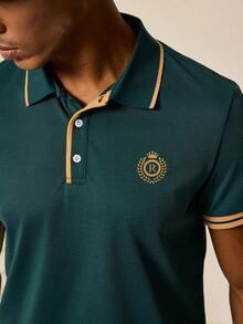 Tonviero Camisa Polo De Manga Corta Para Hombre Con Letra Impresa De Bloque De Color - Verde Oscuro - Ver 4
