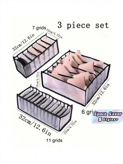 Bộ 3 món đồ lót màu đen, có vách ngăn lưới, hộp đựng đồ gấp gọn, thích hợp để đựng áo ngực, tất, đồ dùng du lịch, giải pháp tiết kiệm không gian tủ quần áo.