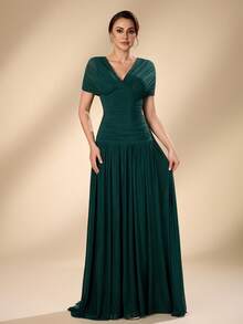 Serin Elegantes, luxuriöses, romantisches elastisches Strickkleid mit gerafften Ärmeln, V-Ausschnitt und Fischschwanzsaum in A-Linie, geeignet für Hochzeiten, Singles-Partys, Urlaub, Brautmütter, Abendkleider - Grün - Übersicht 5