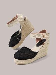 Styleloop Giày cao gót đế xuồng dệt từ dây gai dầu và rơm màu đen dành cho nữ, kiểu dáng quai ngang mắt cá chân, giày sandal đế xuồng bằng dây gai dầu phong cách Boho phù hợp cho đi chơi, nghỉ mát, hẹn hò hàng ngày, đi biển, du lịch, phong cách thường ngày với giày nữ. - màu đen - Xem 10
