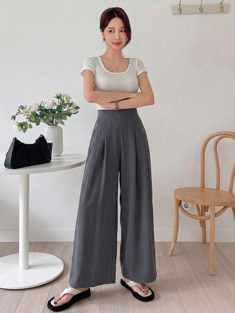 Women's Casual Wide Leg Solid Color Pants