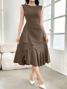 Modelyn Women's Solid Color Boat Neck Ruffle Hem Elegant Dress - Coffee Brown - View 4