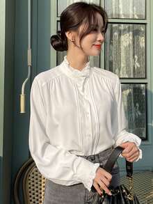 DAZY Frilled Neck Flounce Sleeve Blouse,Long Sleeve Tops,Fall Clothes - White - View 1
