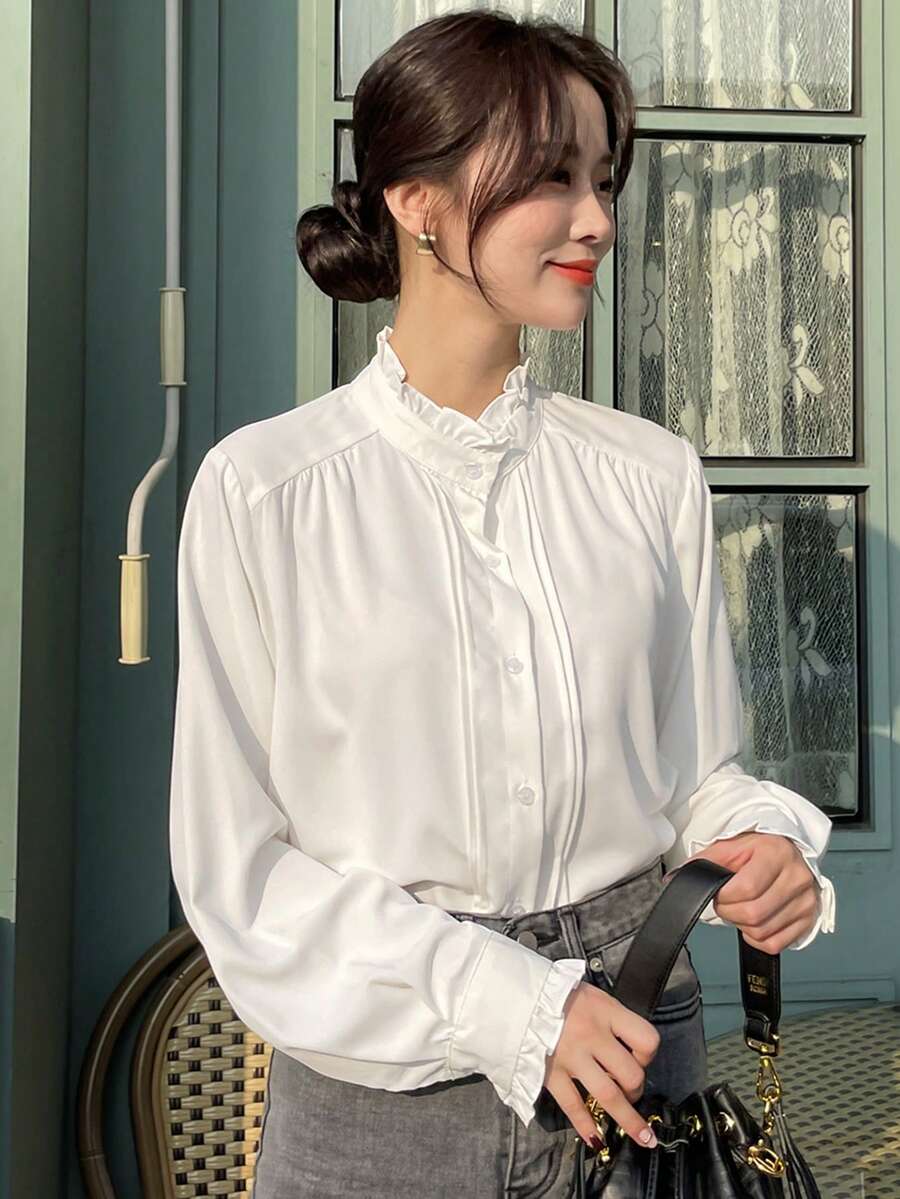 DAZY Frilled Neck Flounce Sleeve Blouse,Long Sleeve Tops,Fall Clothes - White - View 1