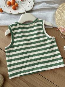 SHEIN LMoss Kids 女童西瓜图案条纹圆领休闲背心 - 綠色 - 查看 2