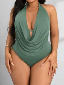 SHEIN PETITE CURVE Women's Plus Size Draped Front Backless Halter Bodysuit - Olive Green - View 6