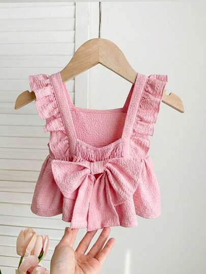 SHEIN Babygirl Casual Cute Textured Bow Tie Blouse, Versatile Summer