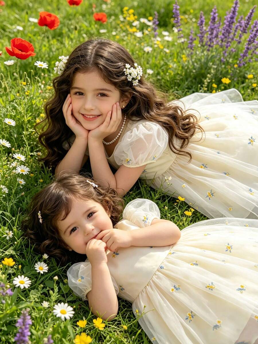 Glamorique Kids 女婴浅香槟色短袖连衣裙,柔软薄纱裙摆饰有精美花卉刺绣,适合毕业典礼、舞会、生日派对、婚礼、夏季穿着,甜美可爱,可作公主裙、舞台表演、日常穿着或拍照打卡。 - 杏色 - 查看 1