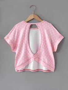SHEIN Girlism 青少年女孩 2件套 粉色與白色波點 夏季可愛 母女款親子套裝 休閒時尚 交叉露背寬鬆T恤 - 彩色 - 查看 7
