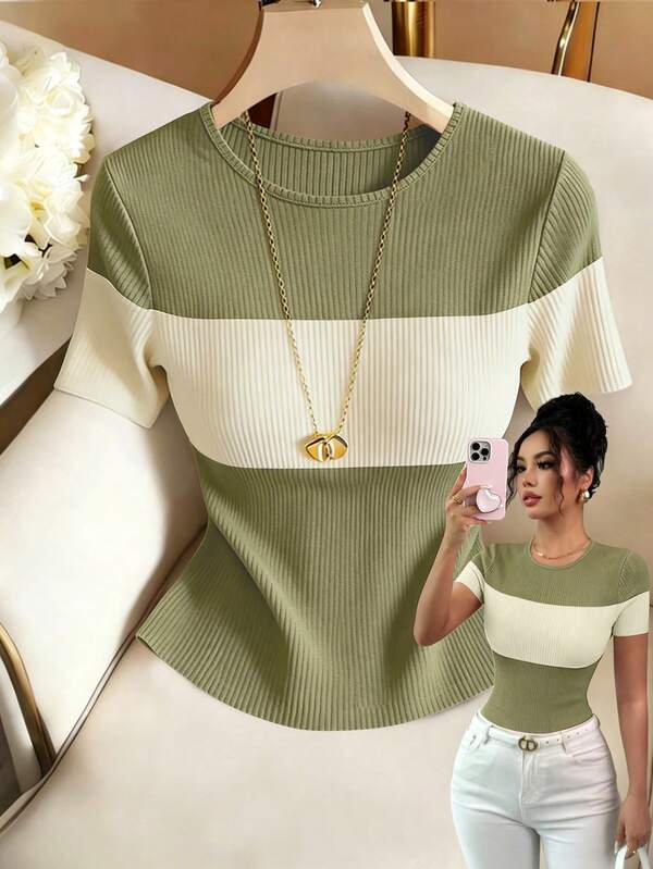 Elenzga Women's Contrast Color Round Neck Short Sleeve Casual Versatile T-Shirt