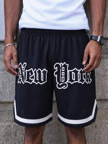 SHEIN 儿童/青少年男童休闲百搭舒适字母印花宽松针织短裤，适合通勤、上学、日常休闲、度假、运动，春夏秋冬四季皆宜，也适合返校季穿着。 - 黑色 - 查看 5
