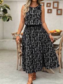 EMERY ROSE Plus Size Ditsy Floral Round Neck Casual Commute Split Hem Dress - Black - View 4