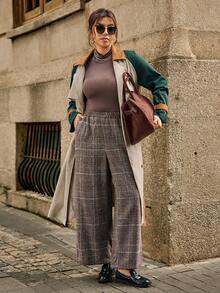 SHEIN LUNE Plus Size Women Elastic Waist Casual Plaid Printed Straight Leg Pants Fall - Multicolor - View 7