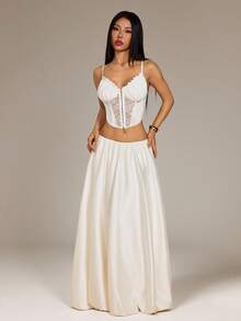 SHEIN PETITE Chân váy chữ A đơn giản xếp ly bằng vải satin màu be dành cho nữ. - Màu be - Xem 7