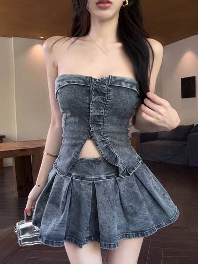 Joudiya Women's Sexy Minimalist Sexy Denim Set, Summer Strapless Sleeveless Waist-Cinching Top With Pleated Skirt Hem Skirt