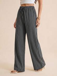 SHEIN Tall Pantalones casuales rectos de pierna suelta con cintura con cordón y rayas para mujer - Gris Oscuro - Ver 4