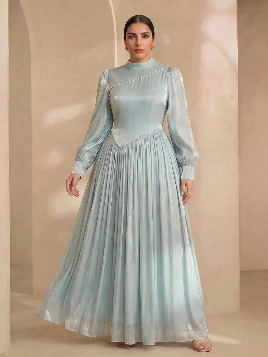 Graceveil Robe simple avec manches lanternes, décoration de perles et ceinture à la taille, pour femmes de grande taille - Vert menthe - Voir 1
