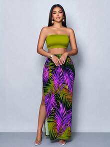 SOLERSUN Bộ đầm maxi cúp ngực in họa tiết lá cọ nhiệt đới mùa xuân/hè dành cho nữ - Phong cách đường phố, trang phục công sở thường ngày dự tiệc, trang phục đa năng cho ngày lễ và kỳ nghỉ, và trang phục thoải mái khi đi chơi. - Nhiều màu - Xem 4