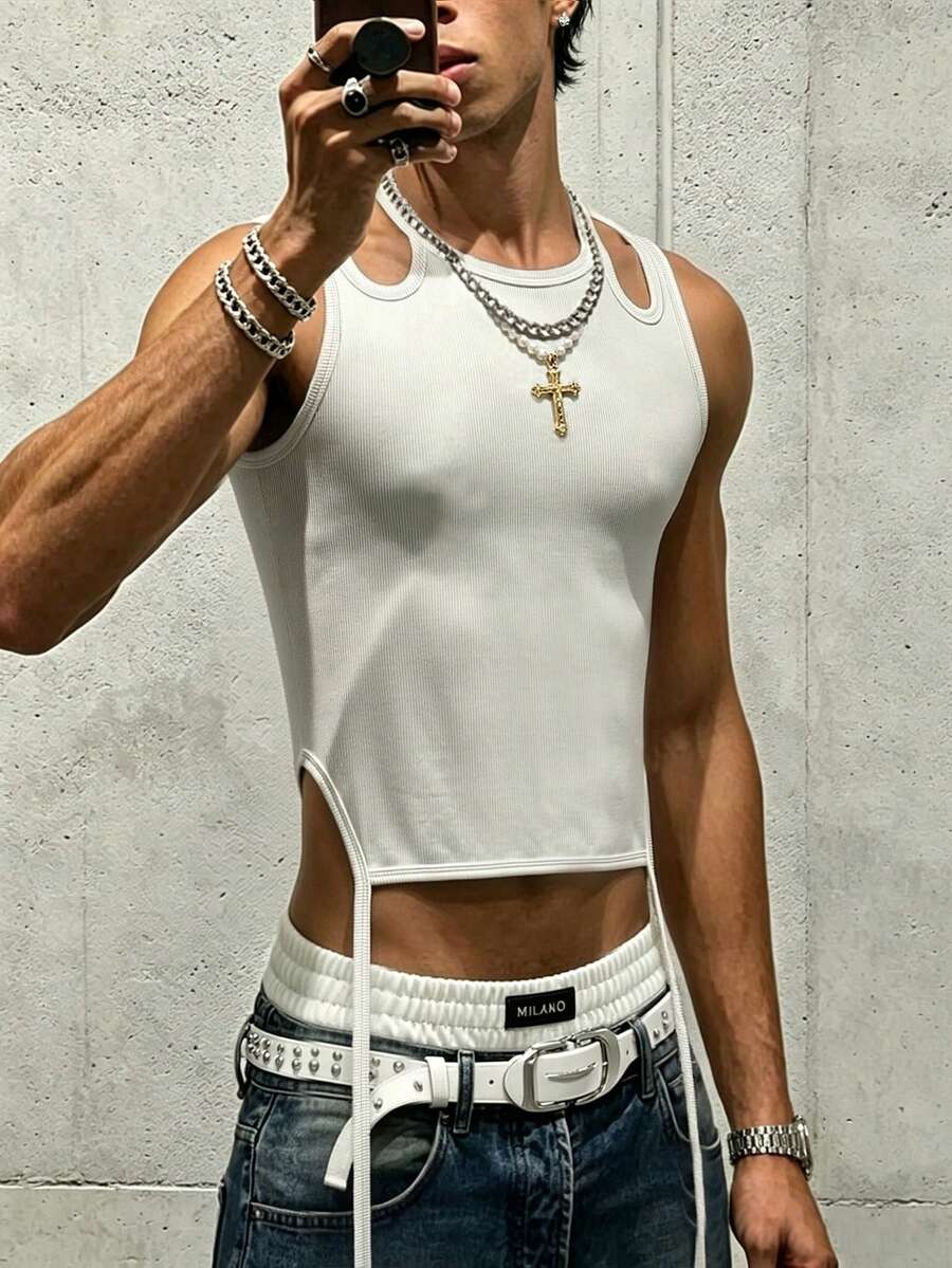 Manfinity Dauomo 男士纯色不对称下摆休闲背心 - 白色 - 查看 1