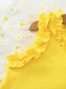 Souflis Souflis Young Girls 2pcs Lemon Print Outfit Set, Ruffled Collar Sleeveless Top + Layered Lemon Print Skirt, Bright Color, Sweet Casual Suit For Daily Wear, Party, Vacation, Ideal Summer Outfit - Yellow - View 4