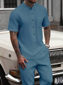 Manfinity CasualCool Conjunto de camisa de manga corta y pantalones de unicolor para hombre - Neblina azul - Ver 4