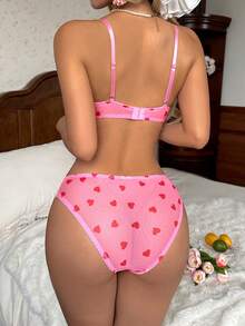 CottageSlumber 2 piezas Conjunto de lencería con estampado de corazón y parches de encaje romántico, fresco y lindo - Rosa - Ver 2