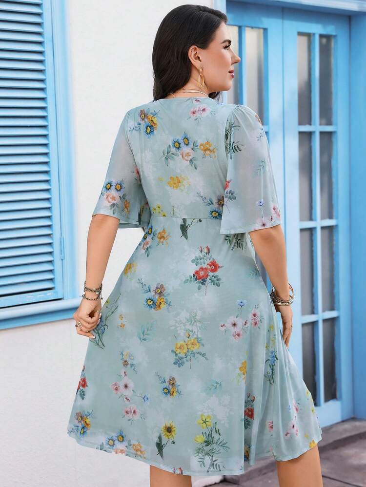Plus Size Women V-Neck Mesh Floral Print Ruffle Sleeve Dress