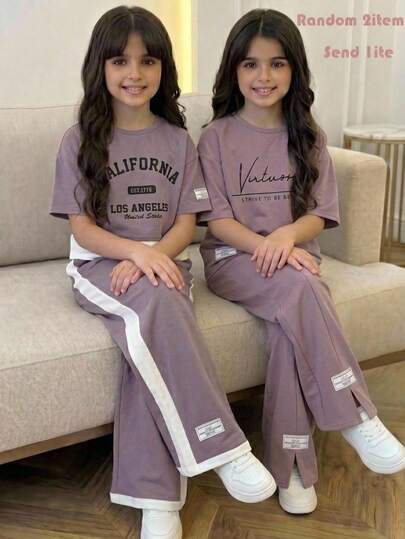 Conjunto de camiseta y pantalones de niña preadolescente con cuello redondo, estilo casual y minimalista, cómodo, en diseño de patchwork de colores contrastantes