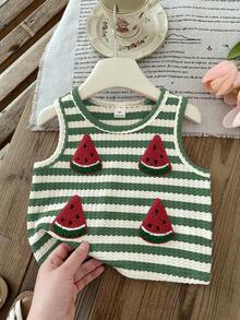 SHEIN LMoss Kids 女童西瓜图案条纹圆领休闲背心 - 綠色 - 查看 6