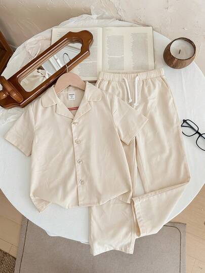 SHEIN Bộ quần áo trẻ em nam trẻ tuổi phong cách thường ngày màu trơn tay ngắn, quần dài, thoáng khí, thoải mái, không kèm áo thun