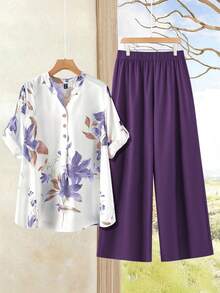 Rusticease Plus Size Women's Casual Vacation Floral Print Notch Neck Roll Tab Sleeve Loose Top And Wide Leg Pants 2 Piece Set, Spring/Summer - Purple - View 12