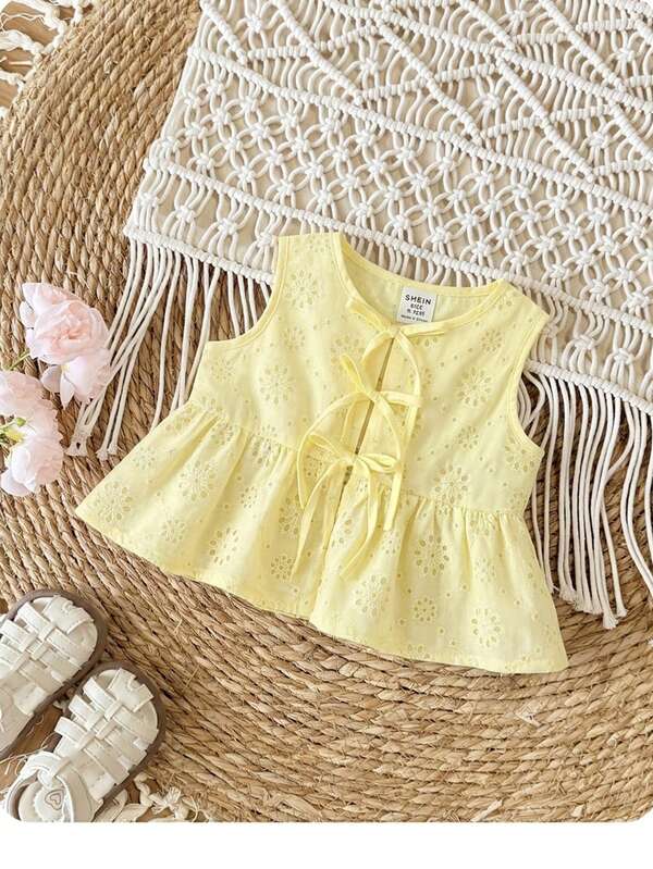 2 Pieces Cute Baby Girl Casual Daily Vacation Textured Jacquard Top With Front And Center Bow