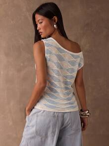 SHEIN BAE Aqua Blue Chic Women's Rhombus Pattern One Shoulder Fitted Knit Top,Summmer Brunch Casual Asymmetrical Striped Vest For Music Festivals,Beachwear - Multicolor - View 2