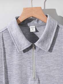 SHEIN 青少年男孩拉鍊素色短袖 Polo 衫與短褲休閒套裝 - 灰色 - 查看 5