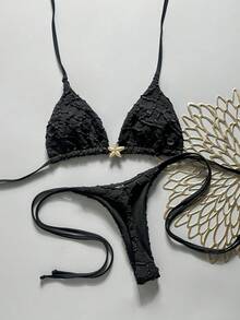 Swim Vcay 2pcs/Set Animal Print Random Pattern Halter Triangle Cup Bra And Side Tie Cheeky Bikini Swimwear Set, Sexy Women Beach Holiday - Black - View 5