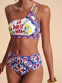 Travachic Conjunto de bikini de mujer con estampado de limón y escote halter, para vacaciones - Multicolor - Ver 1