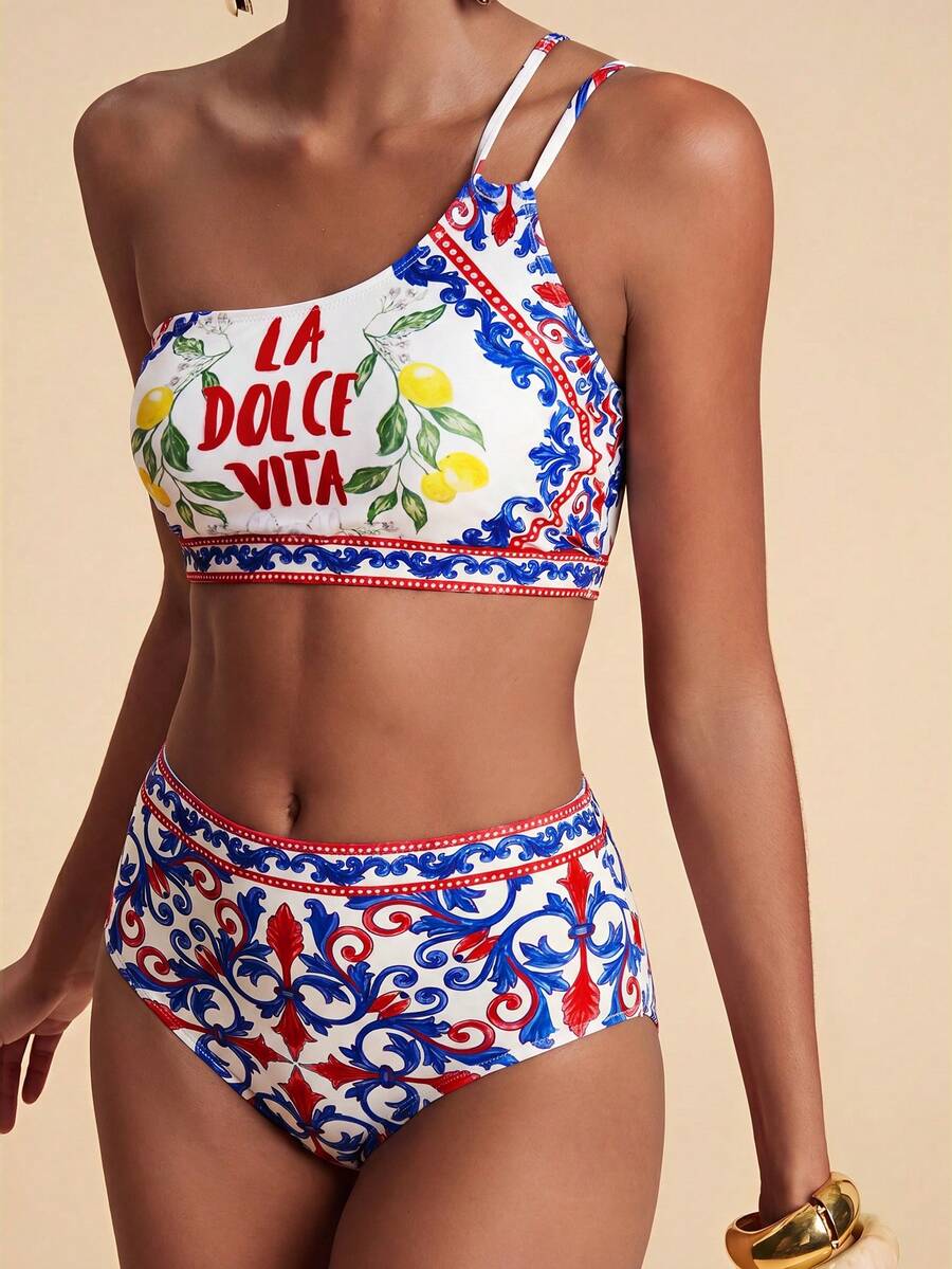 Travachic Conjunto de bikini de mujer con estampado de limón y escote halter, para vacaciones - Multicolor - Ver 1